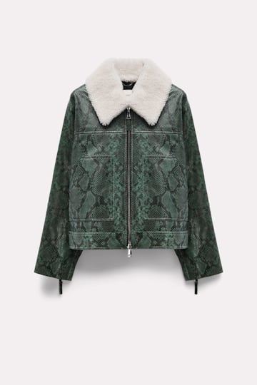 Dorothee Schumacher Biker jacket with removable teddy collar green snake mix