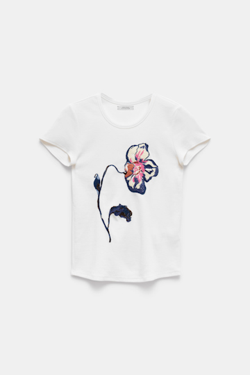 Dorothee Schumacher Fine rib stretch cotton T-shirt with floral embroidery pure white