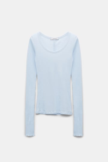 Dorothee Schumacher Ribbed cotton long sleeve top with a deep scoop neckline soft blue