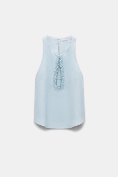 Dorothee Schumacher Linen blend shell with embroidered cutout soft blue