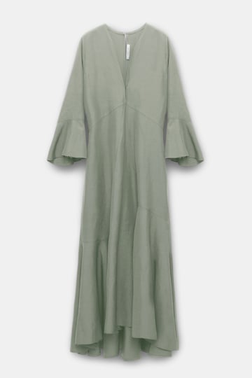 Dorothee Schumacher Kleid aus Leinenmix mit tiefem V-Ausschnitt und Volants pale khaki