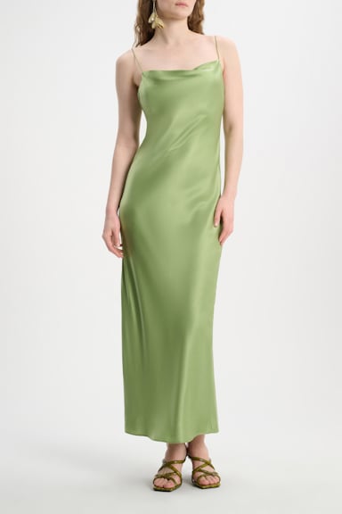 Dorothee Schumacher Kleid aus Seidencharmeuse mit Wasserfallausschnitt soft green