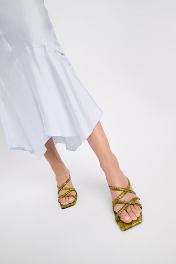 Dorothee Schumacher Square toe flared heel strappy sandals shimmering green