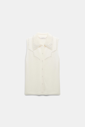 Dorothee Schumacher Embellished sleeveless knit shirt with polo collar camellia white