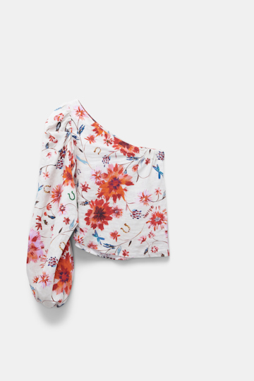 Dorothee Schumacher Printed linen asymmetrical top with voluminous sleeve floral mix