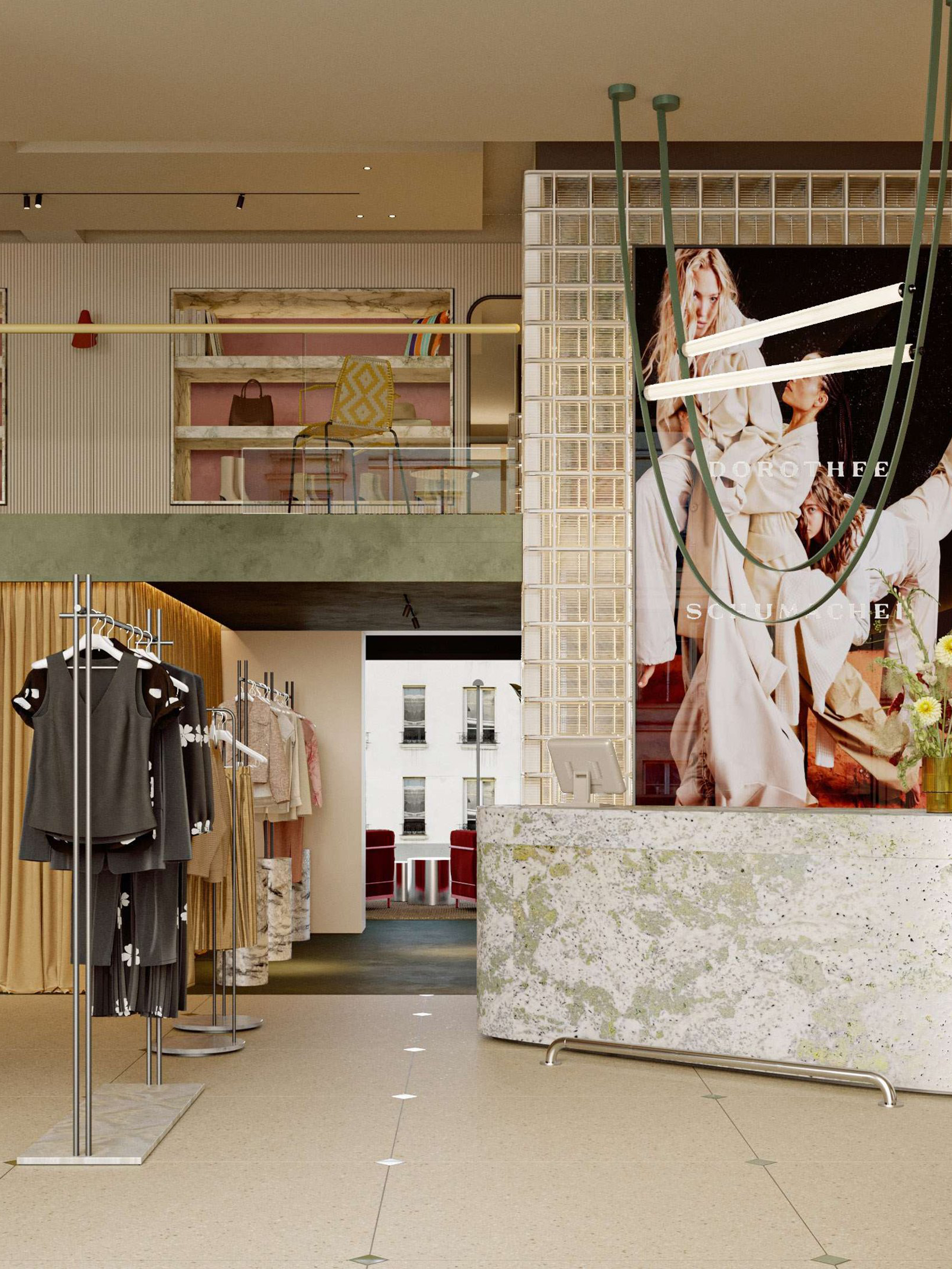  “Checkout area in Dorothee Schumacher store with marble counter and campaign poster”