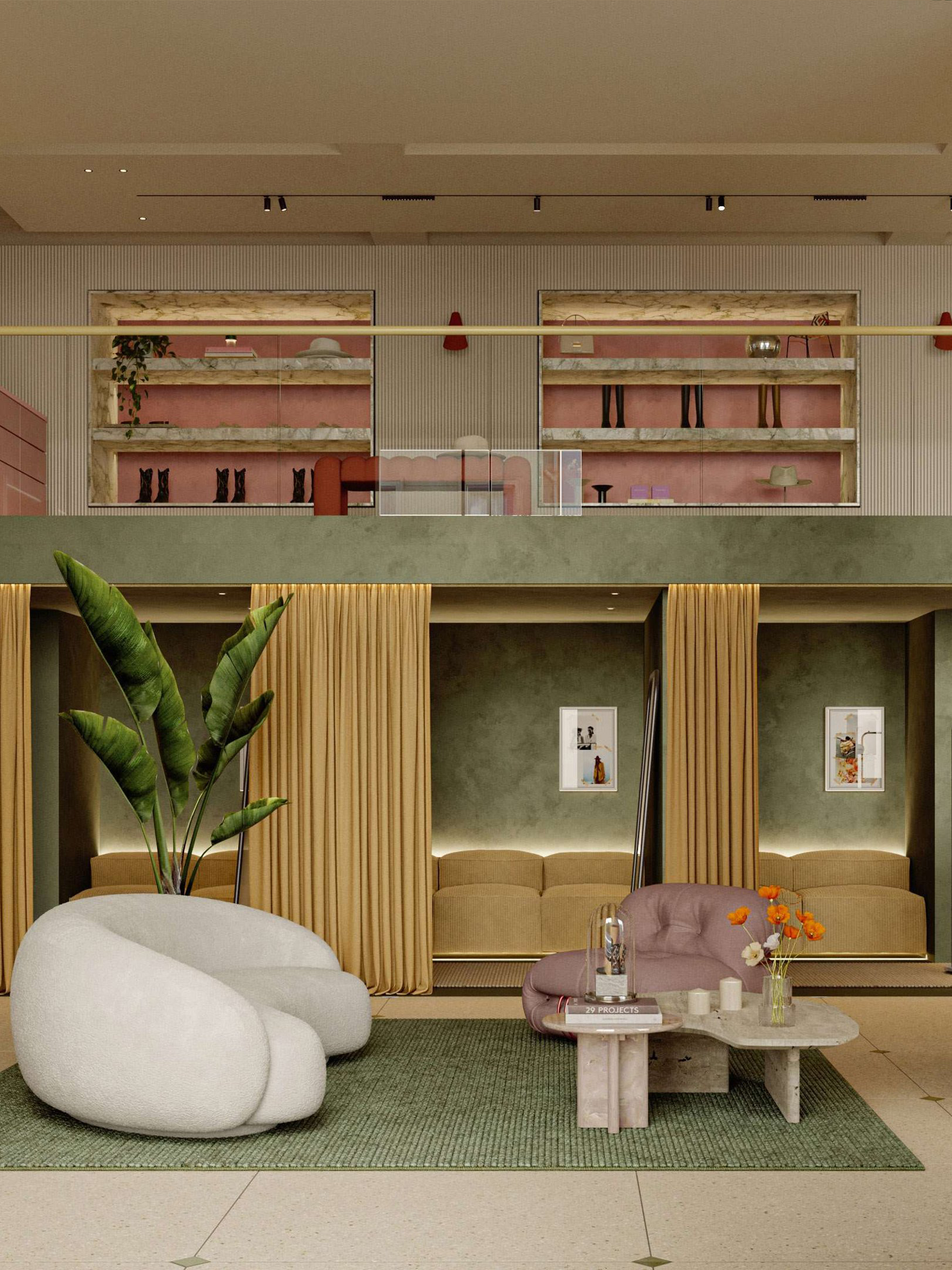  “Fitting area in Dorothee Schumacher store with rug, mirror and plant”