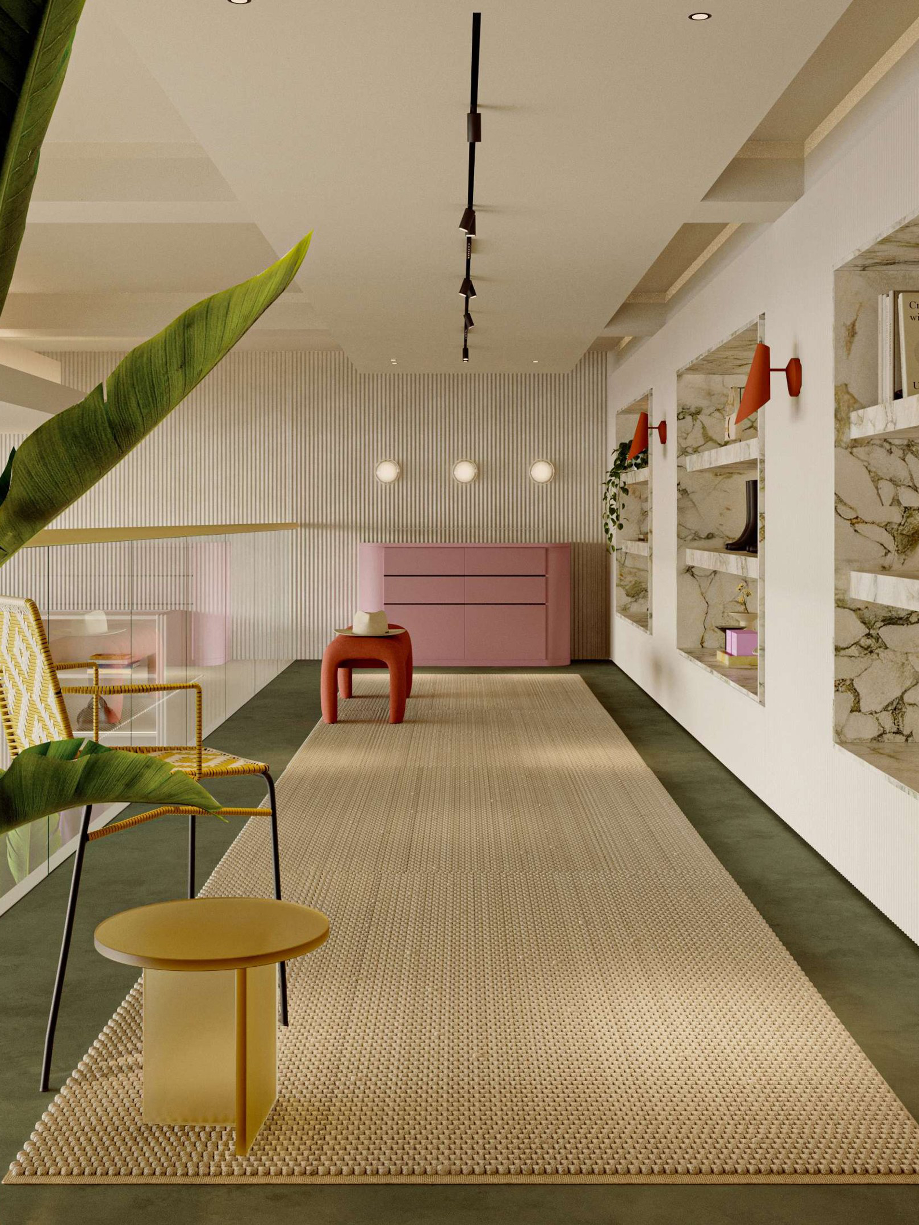  “Lounge area in Dorothee Schumacher store with sofa, plants and fashion displays”