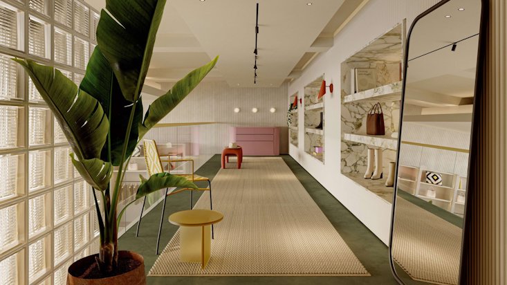 Store Düsseldorf counter and banner with model