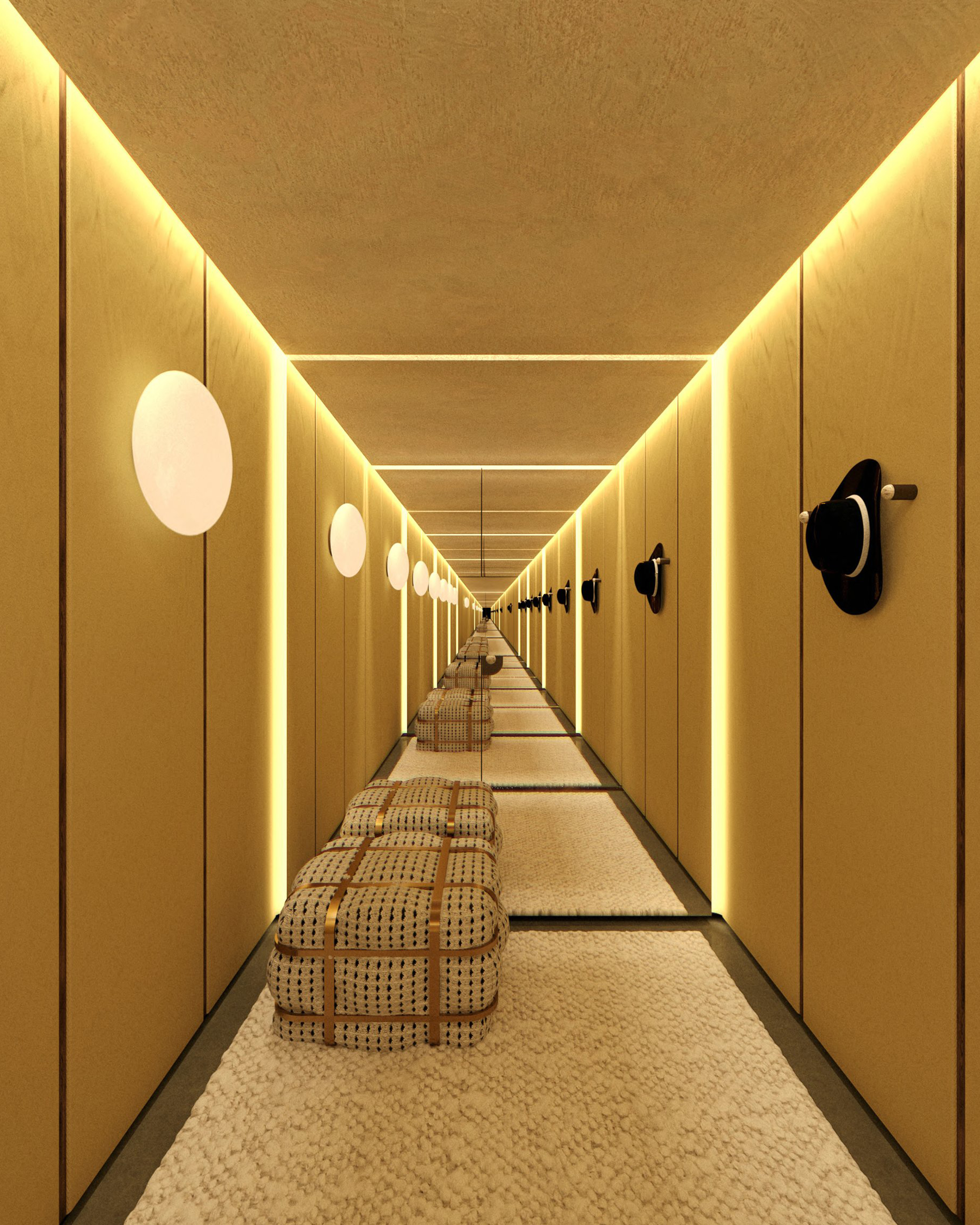 Ein langer, goldfarbener Flur im Dorothee Schumacher Geschäft mit Sitzbänken und Hüten an den Wänden, der eine tiefe Perspektive erzeugt.