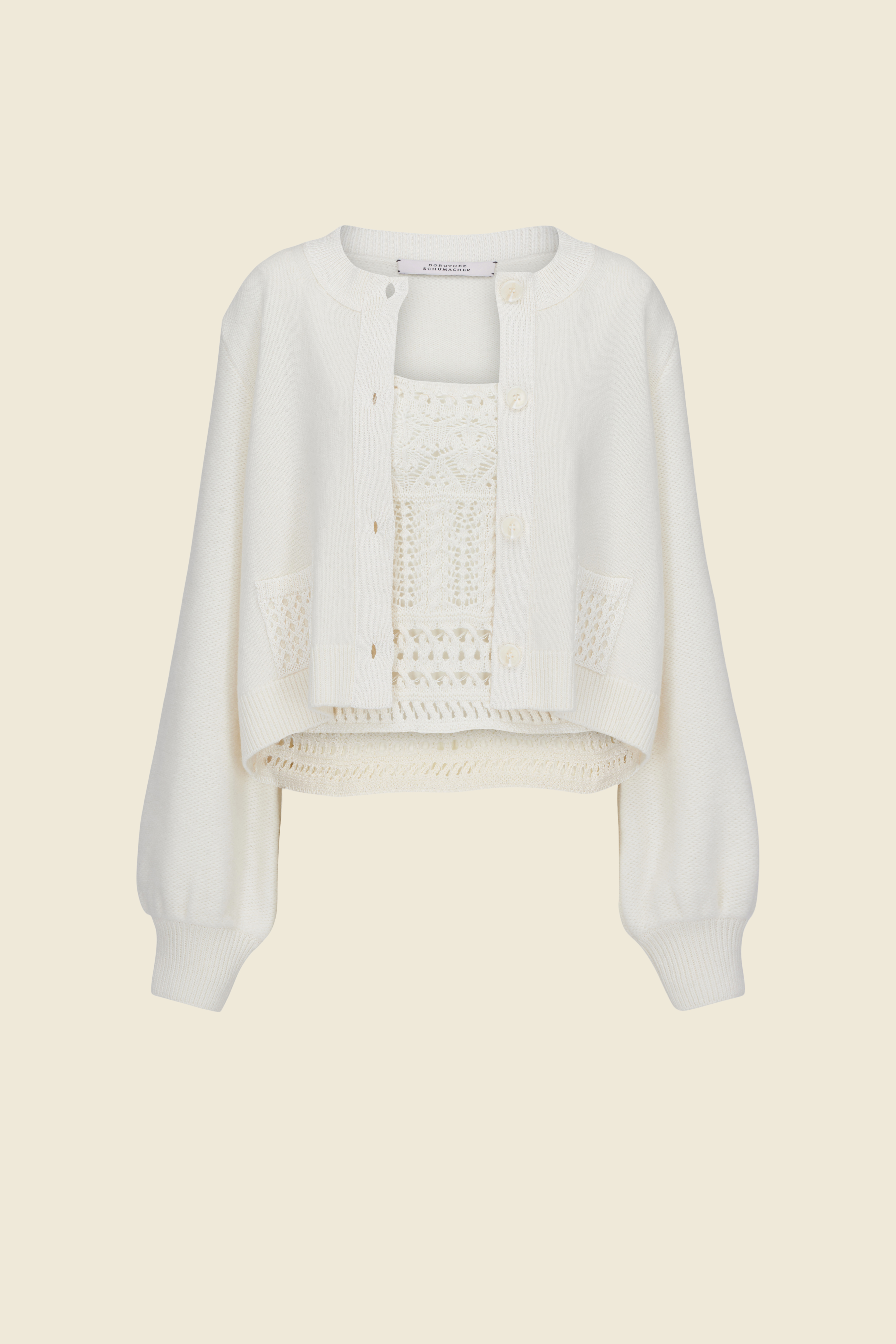 Dorothee Schumacher TWINSET WITH CARDIGAN AND LACE-LIKE KNIT SHELL camellia white