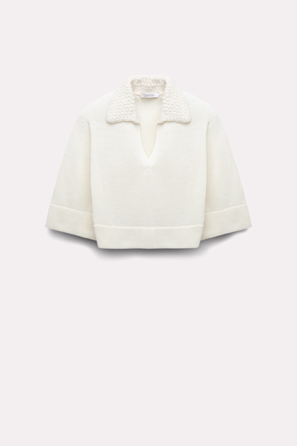 SPORTY CROCHET pullover Dorothee Schumacher KNIT TOP WITH CHENILLE COLLAR camellia white