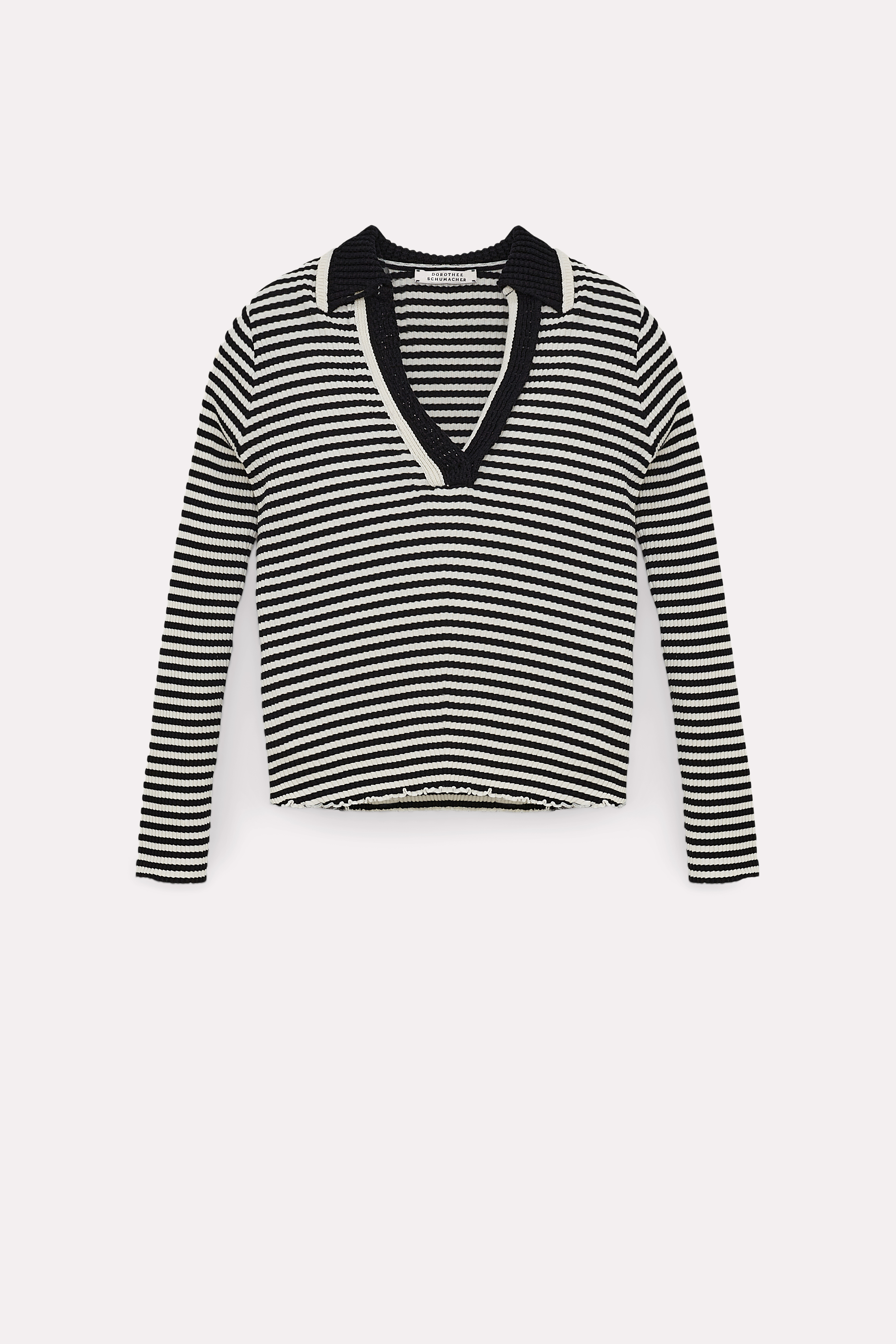 Dorothee Schumacher RIBBED STRIPE OPEN COLLAR LONG SLEEVE TOP black & white mix
