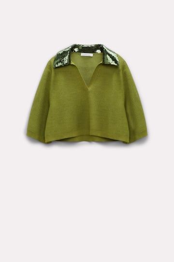 Dorothee Schumacher Pointelle knit top with sequin collar olive green