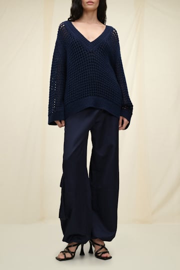 Dorothee Schumacher Open knit v-neck sweater in wool-cashmere dark blue
