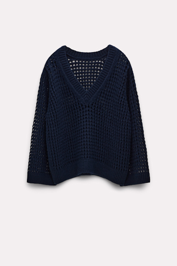 Dorothee Schumacher Open knit v-neck sweater in wool-cashmere dark blue