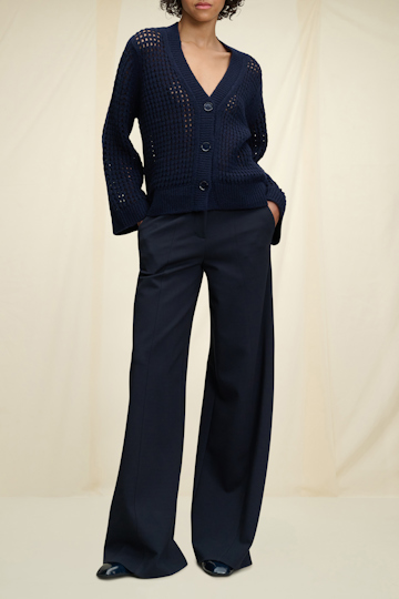 Dorothee Schumacher Open knit v-neck cardigan in wool-cashmere dark blue