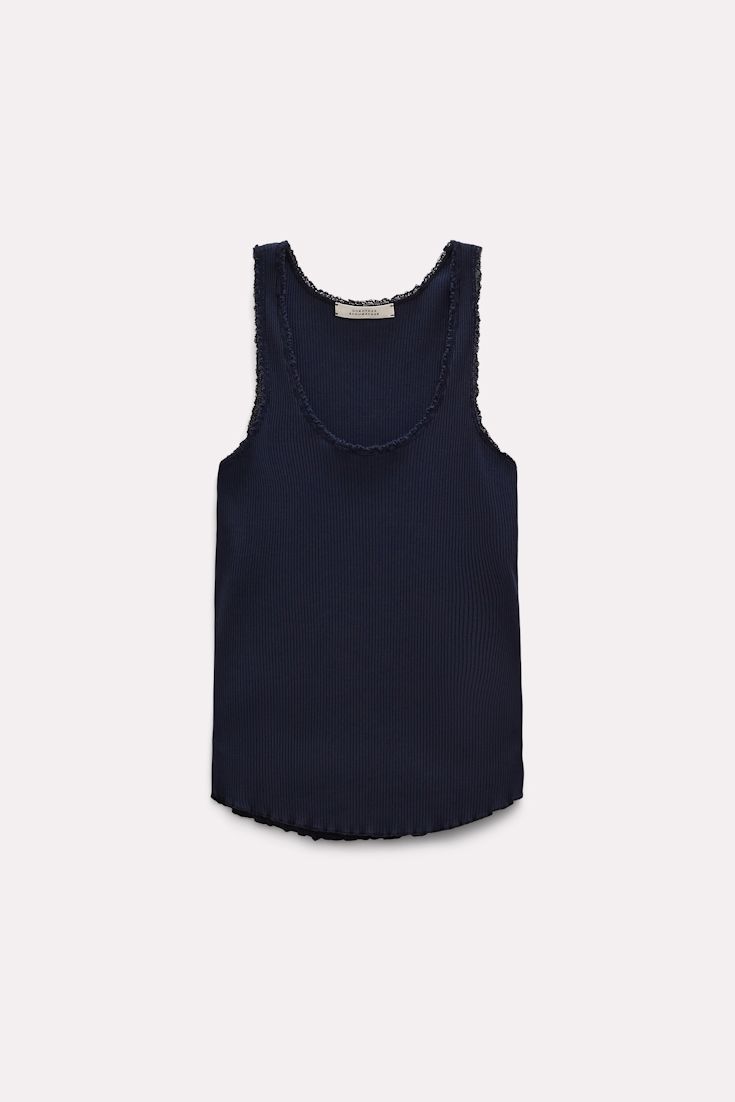 Dorothee Schumacher Ribbed cotton tank top with lace trim dark navy