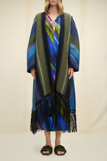 Dorothee Schumacher Striped wool blend coat with leather fringe colorful stripes