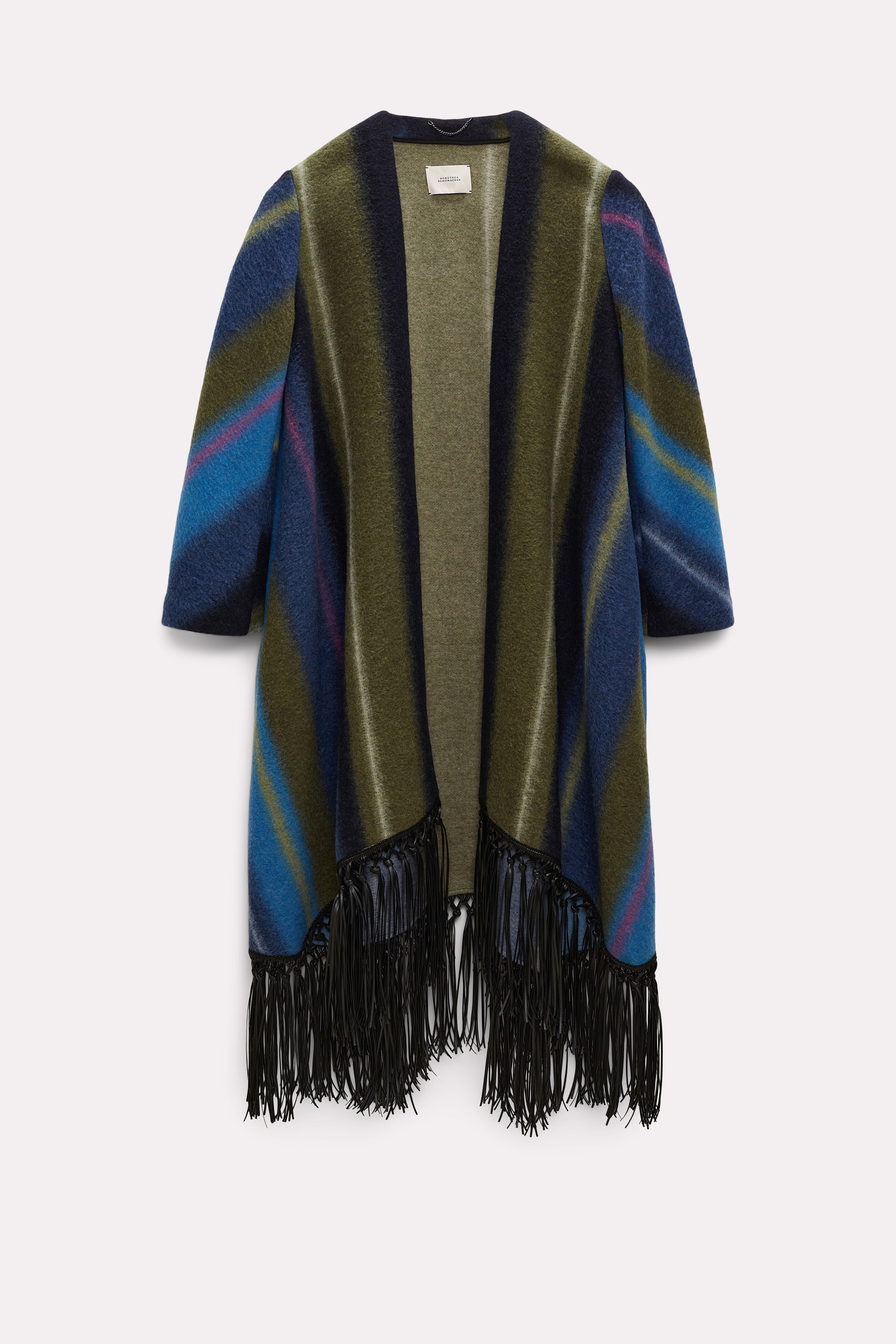 Shop Dorothee Schumacher Striped Wool Blend Coat With Leather Fringe In Multi Colour