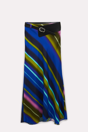 Dorothee Schumacher Bias cut silk twill midi skirt and leather belt colorful stripes