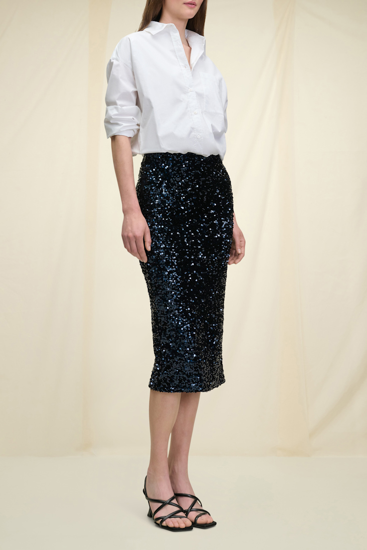 Dorothee Schumacher Sequin embellished velvet pencil skirt dark navy