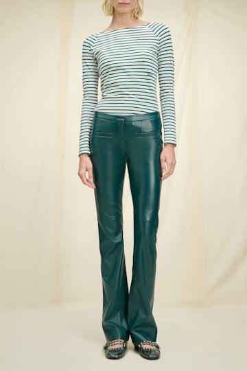 Dorothee Schumacher Embroidered striped top with a bateau neckline green cream mix
