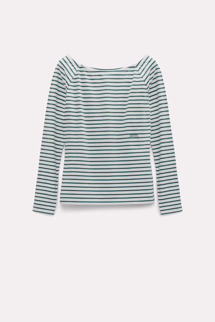 ALL TIME FAVORITES shirt Dorothee Schumacher Embroidered striped top with a bateau neckline green cream mix