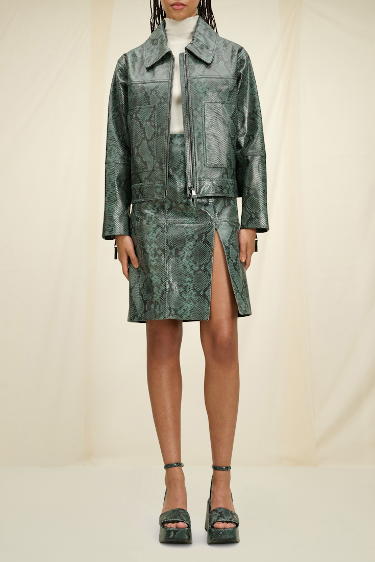 Dorothee Schumacher Biker jacket with removable teddy collar green snake mix