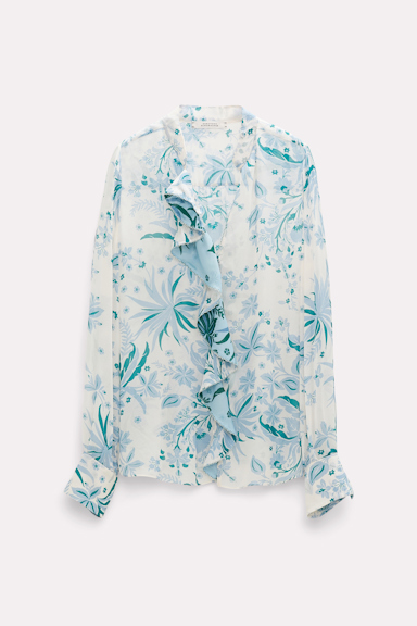 Dorothee Schumacher Printed viscose patch blouse with flounces blue green mix