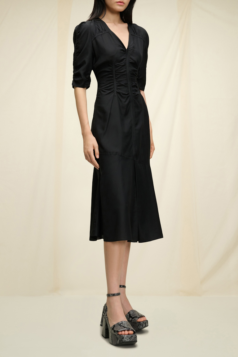 Dorothee Schumacher Ripstop silk dress with smocked seams pure black
