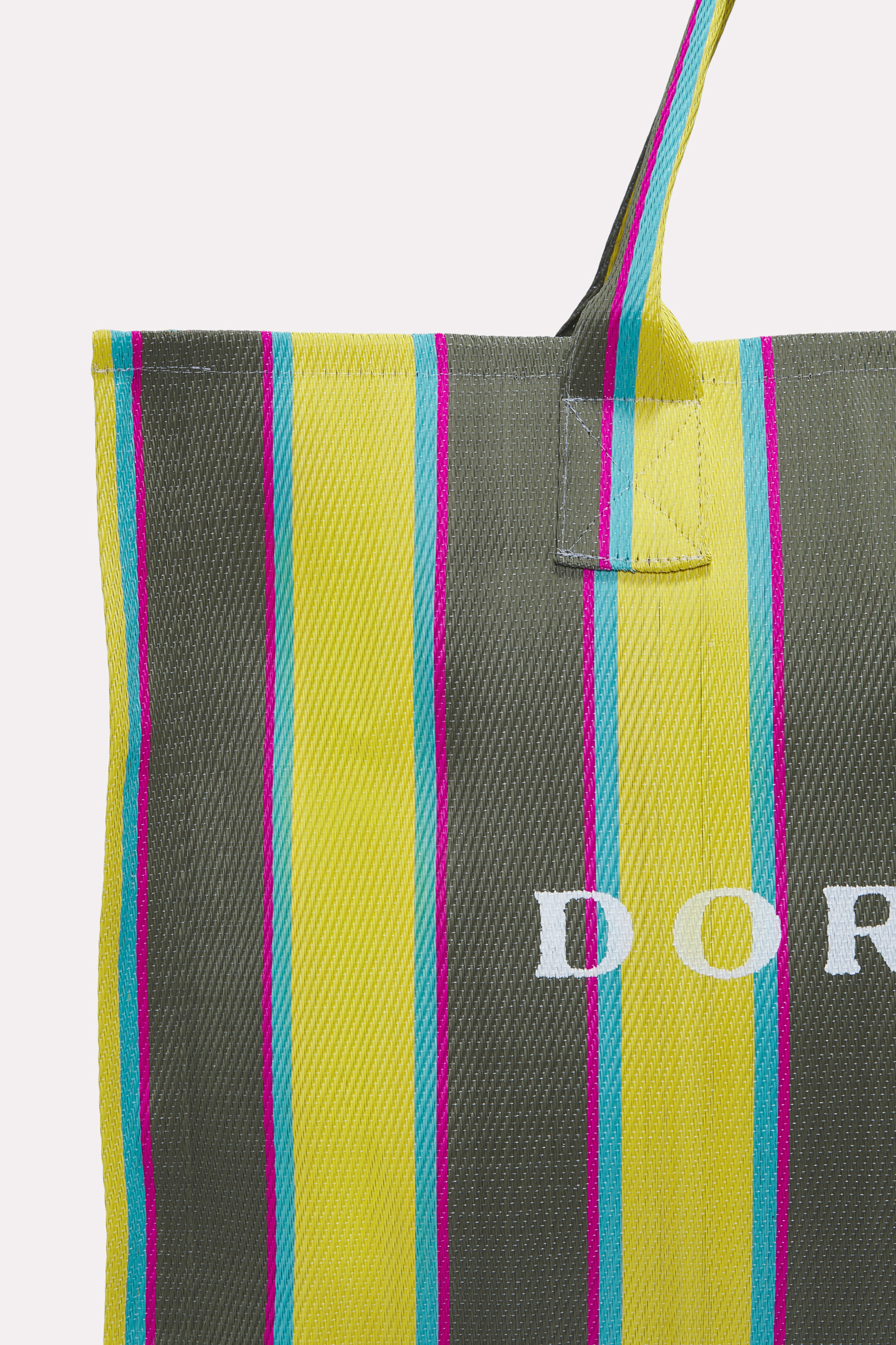 Dorothee Schumacher Striped tote made from recycled plastic khaki yellow blue stripes