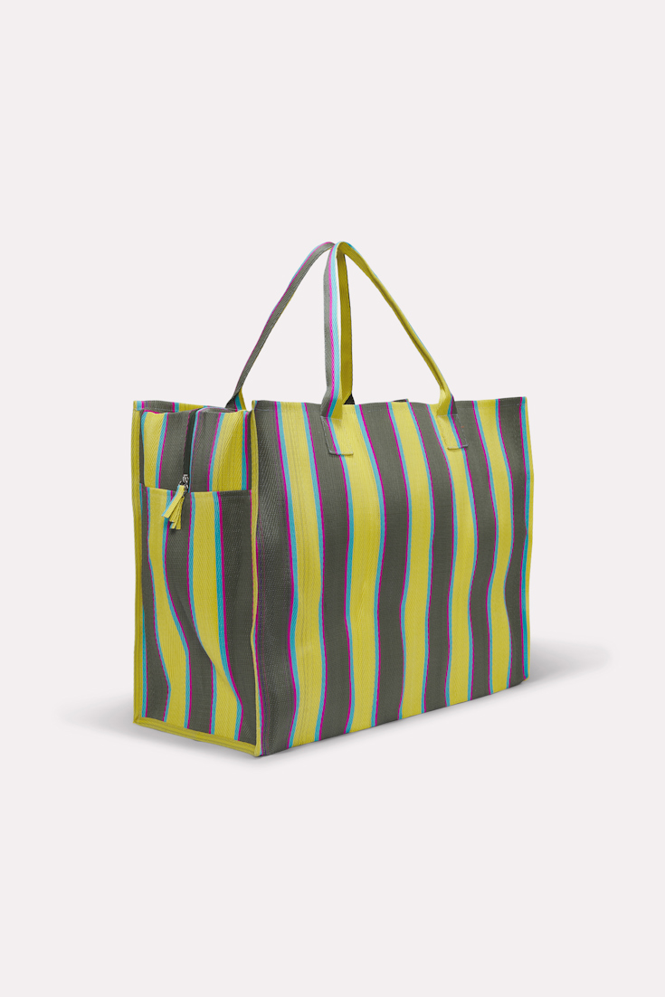 Dorothee Schumacher Striped tote made from recycled plastic khaki yellow blue stripes