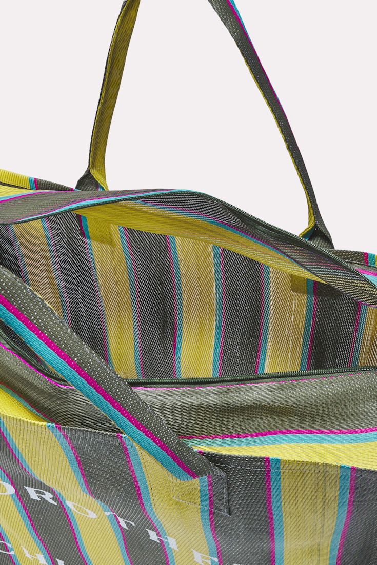 Dorothee Schumacher Striped tote made from recycled plastic khaki yellow blue stripes