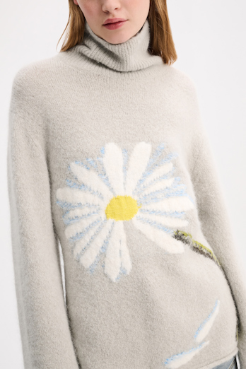 Dorothee Schumacher Turtleneck pullover with intarsia knit flower soft green