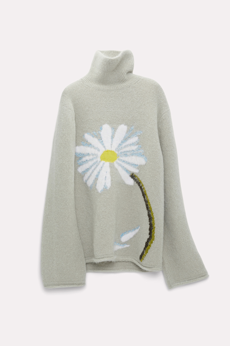 Shop Dorothee Schumacher Turtleneck Pullover With Intarsia Knit Flower In Green