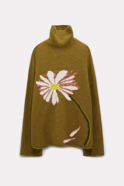 COZY DAISY pullover Dorothee Schumacher Rollkragenpullover mit Blumenintarsia whispering green