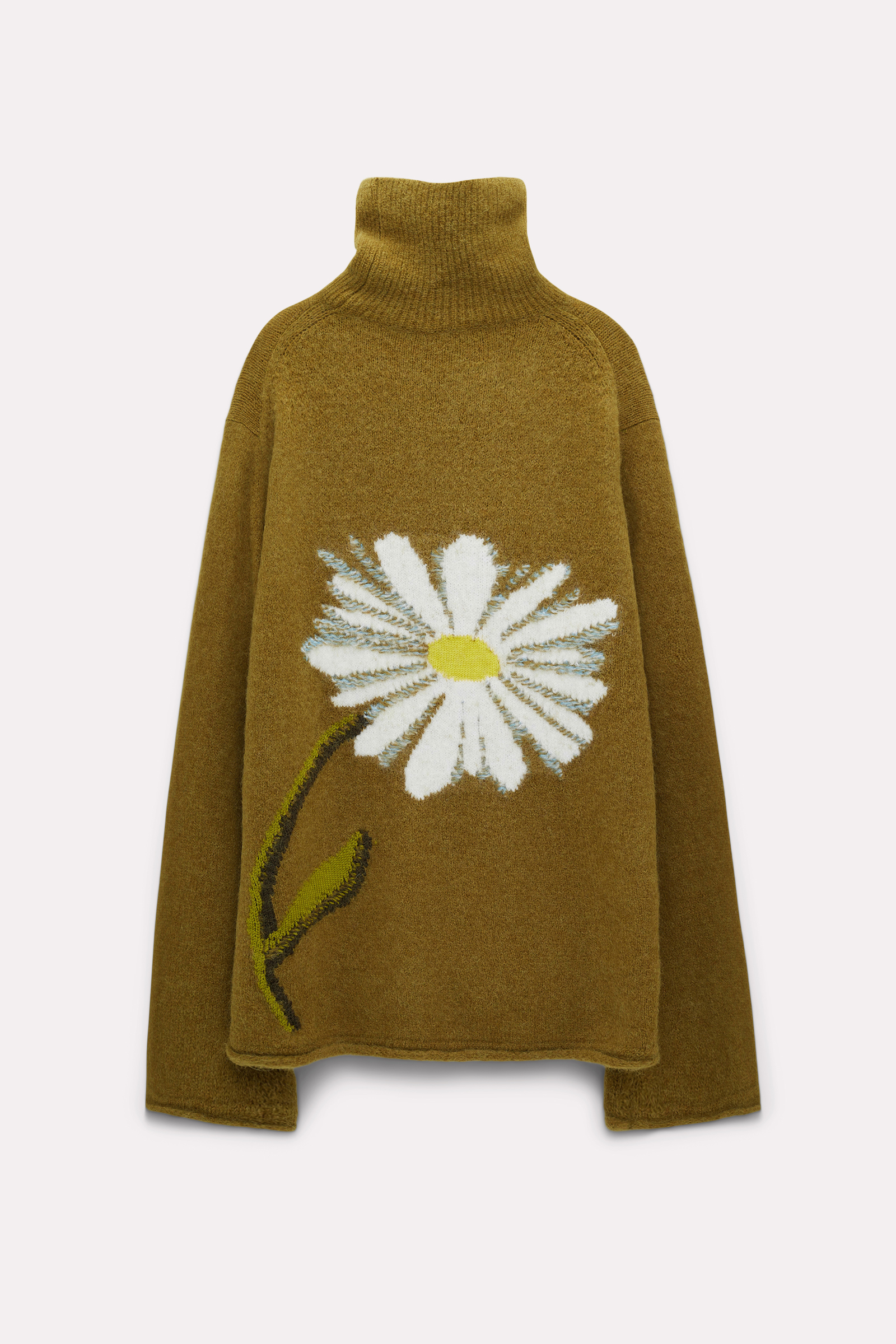 Dorothee Schumacher Turtleneck pullover with intarsia knit flower whispering green