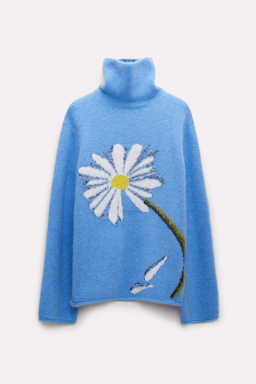 Dorothee Schumacher Turtleneck pullover with intarsia knit flower cornflower blue