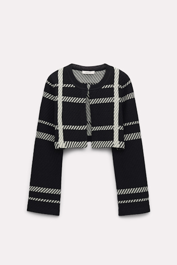 Dorothee Schumacher Plaid knit cropped cardigan camelia white with glold print