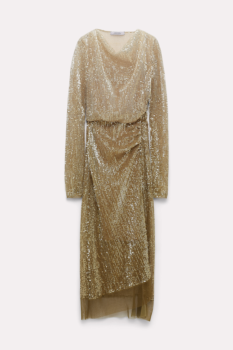 Dorothee Schumacher Draped Sequin-embellished Dress In Gold