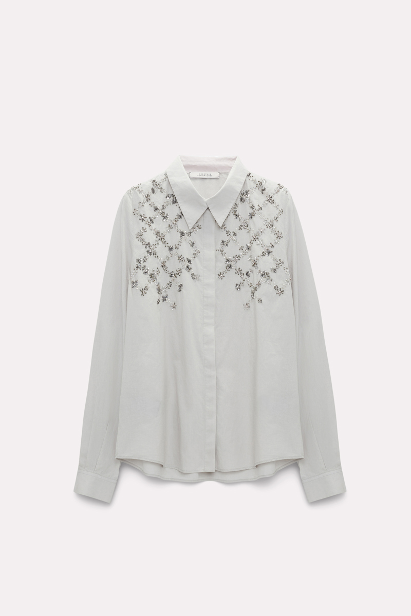 Dorothee Schumacher Floral-embroidered Embellished Cotton Shirt In Silver