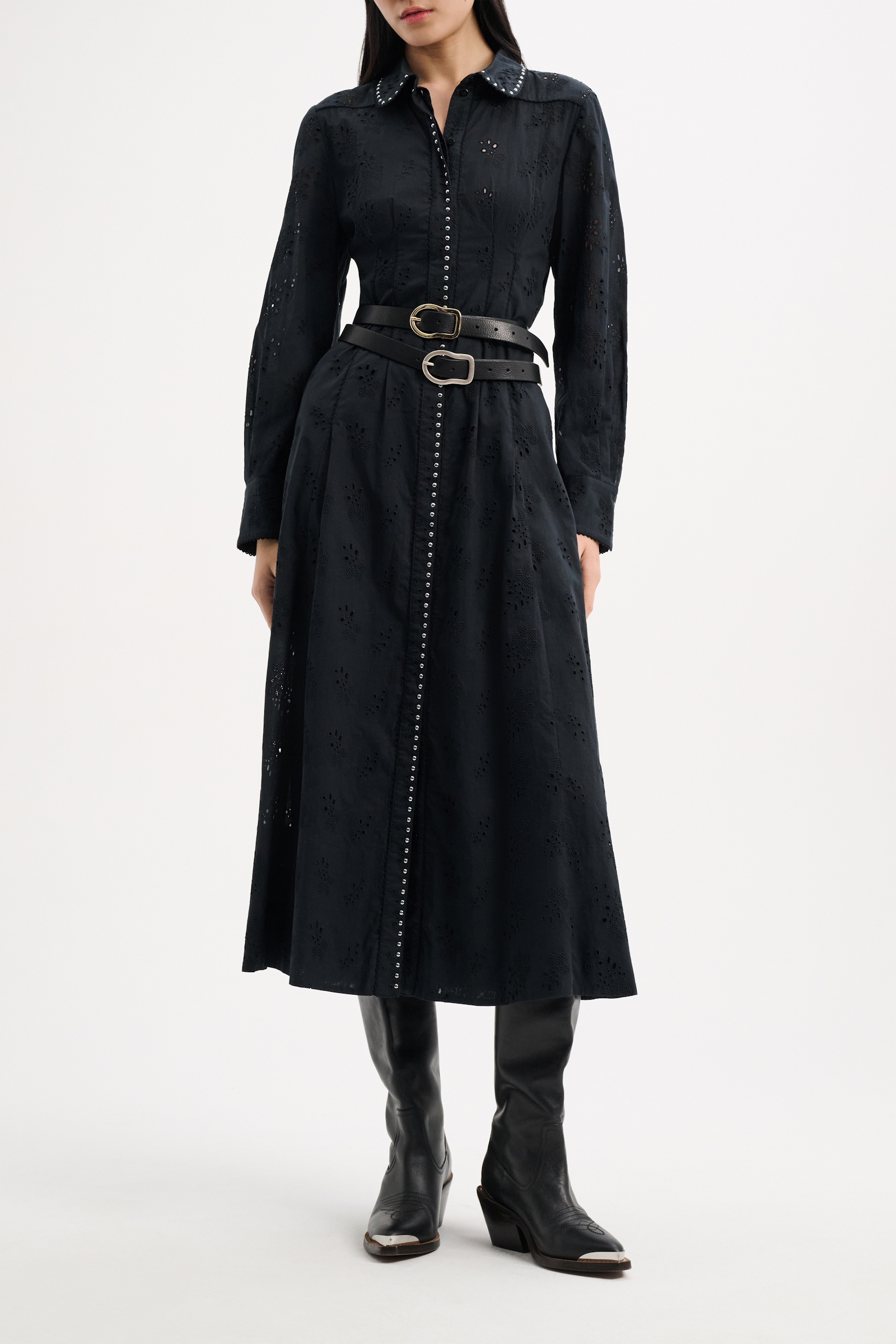 Dorothee Schumacher Hemdblusenkleid aus Broderie Anglaise mit Studs pure black