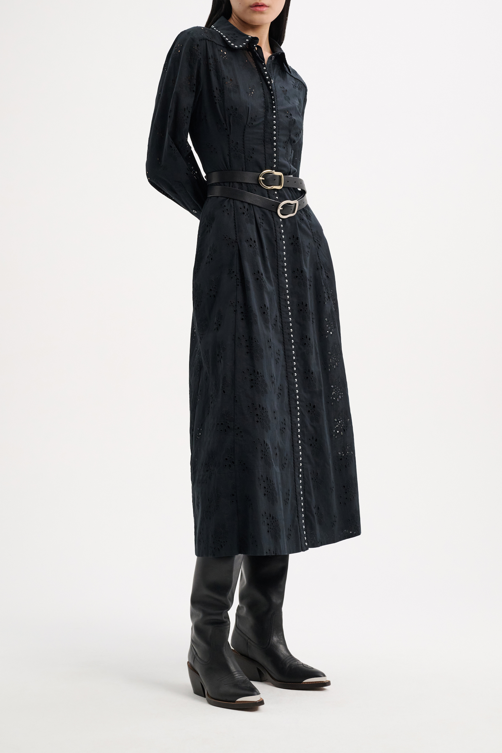 Dorothee Schumacher Shirtdress in broderie anglaise with studs pure black