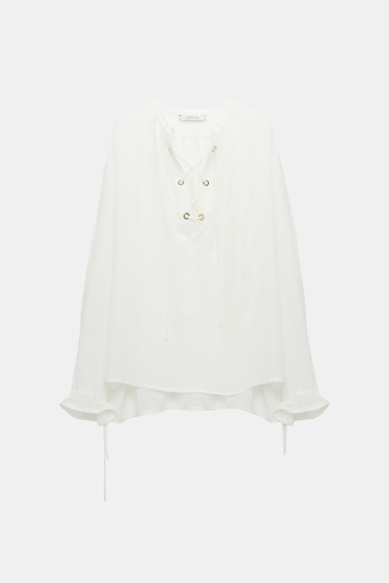 SOPHISTICATED VOLUMES blouse Dorothee Schumacher Silk blouse with laced neckline camellia white