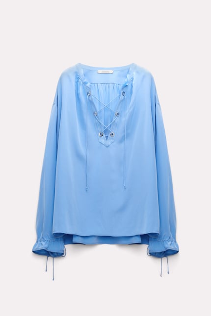 SOPHISTICATED VOLUMES blouse Dorothee Schumacher Silk blouse with laced neckline cornflower blue