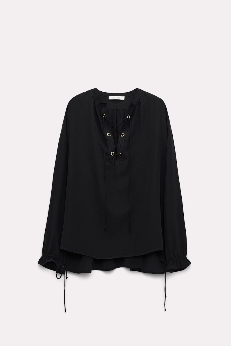 Shop Dorothee Schumacher Silk Blouse With Laced Neckline In Black