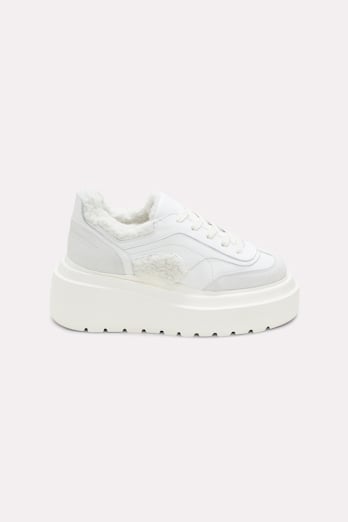 Dorothee Schumacher Mixed material platform sneakers with shearling cool white