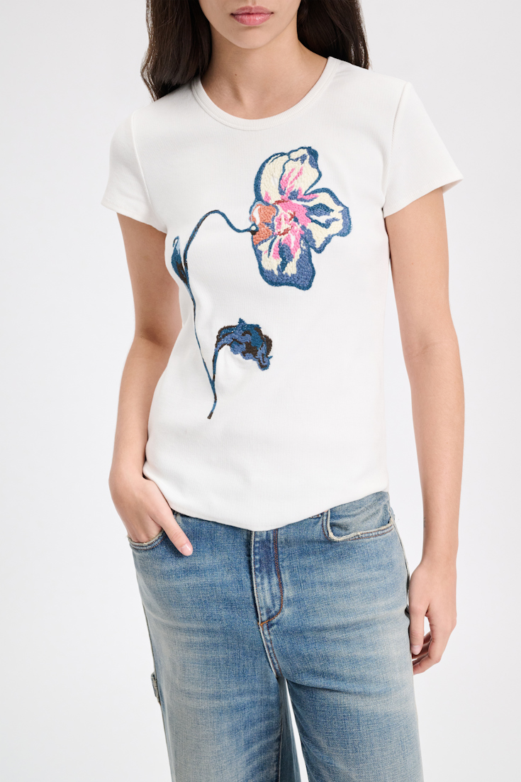 Dorothee Schumacher Fine rib stretch cotton T-shirt with floral embroidery pure white