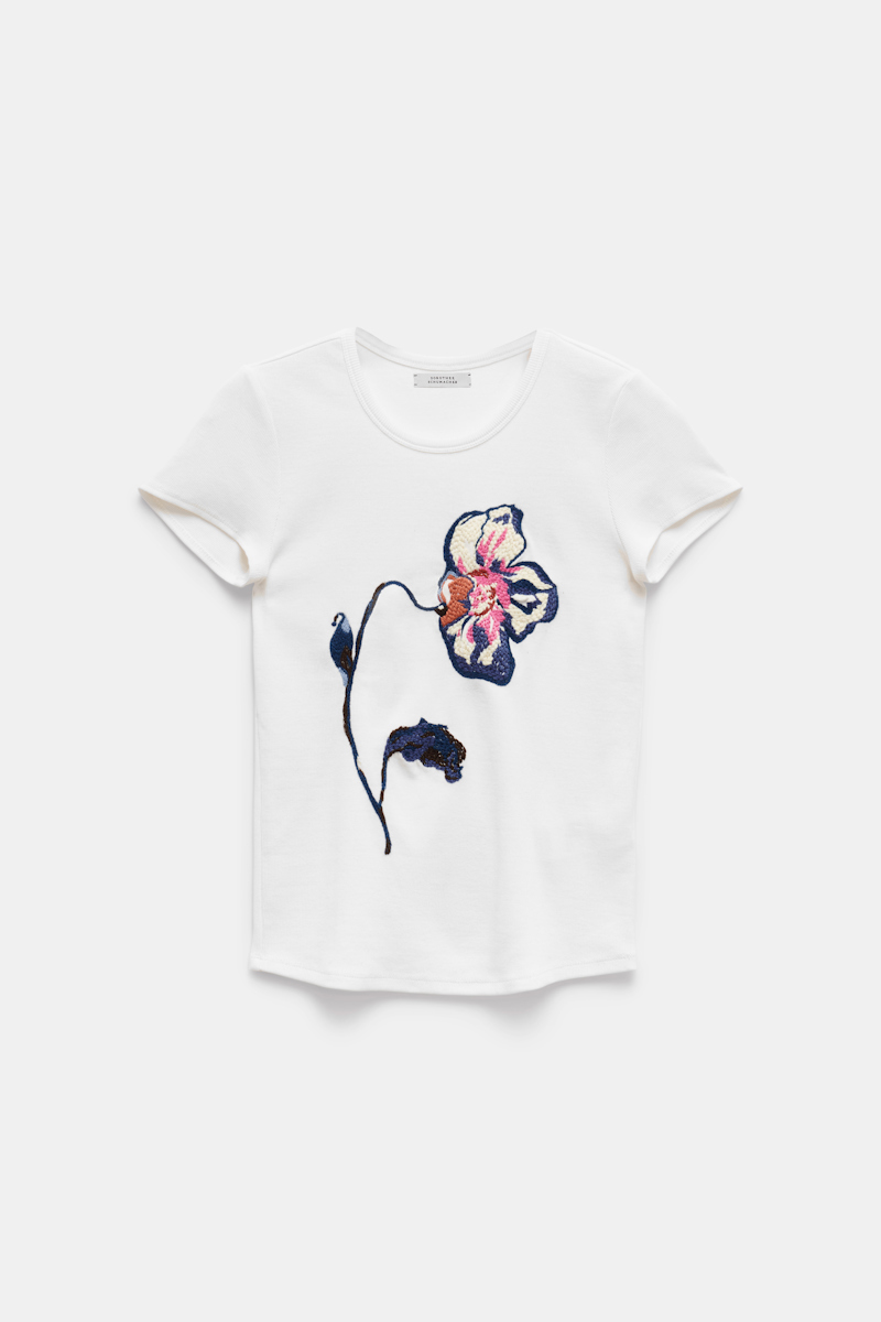 Shop Dorothee Schumacher Fine Rib Stretch Cotton T-shirt With Floral Embroidery In White